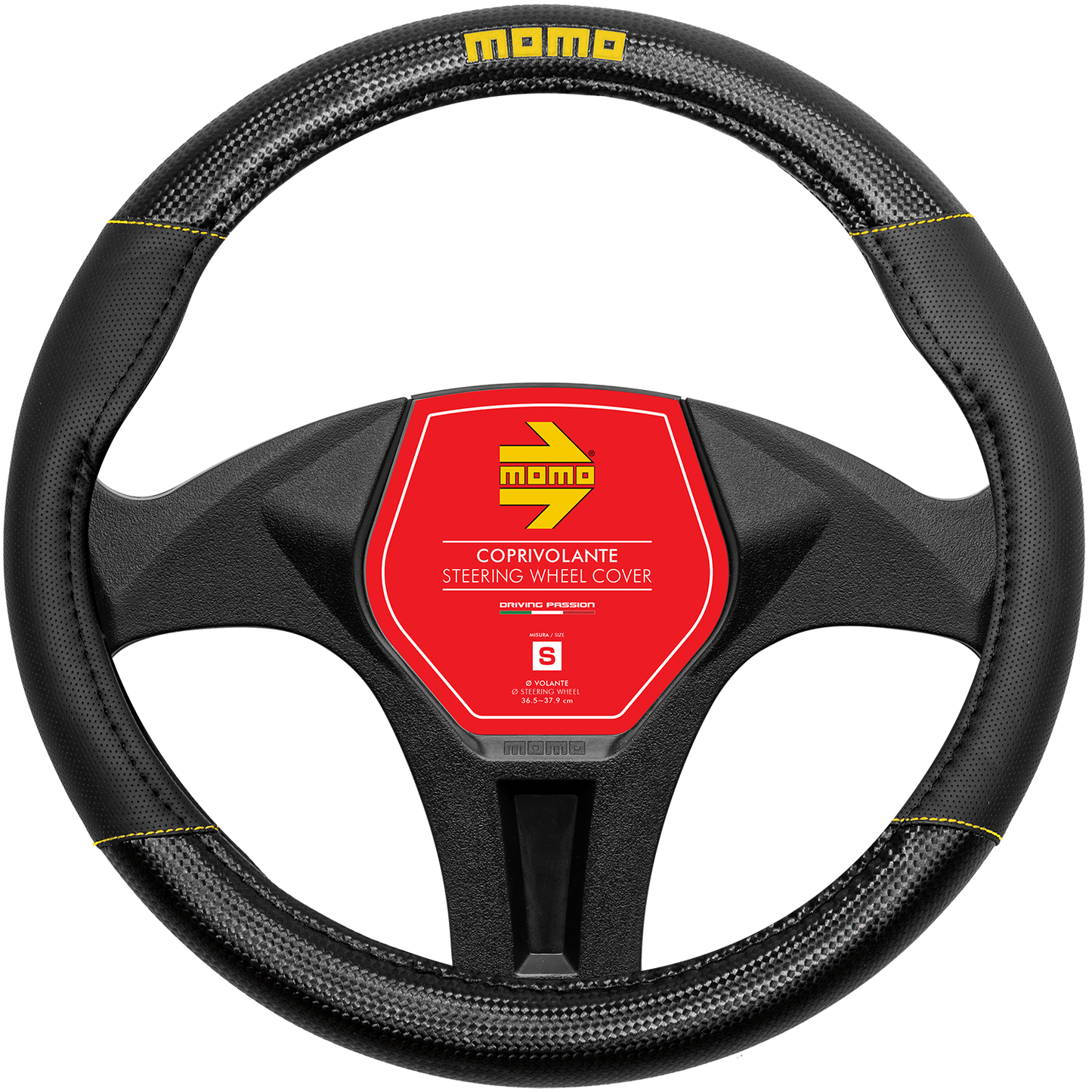 Momo Steering Wheel Cover - CARBON - BLACK/YELLOW PU - SIZE M